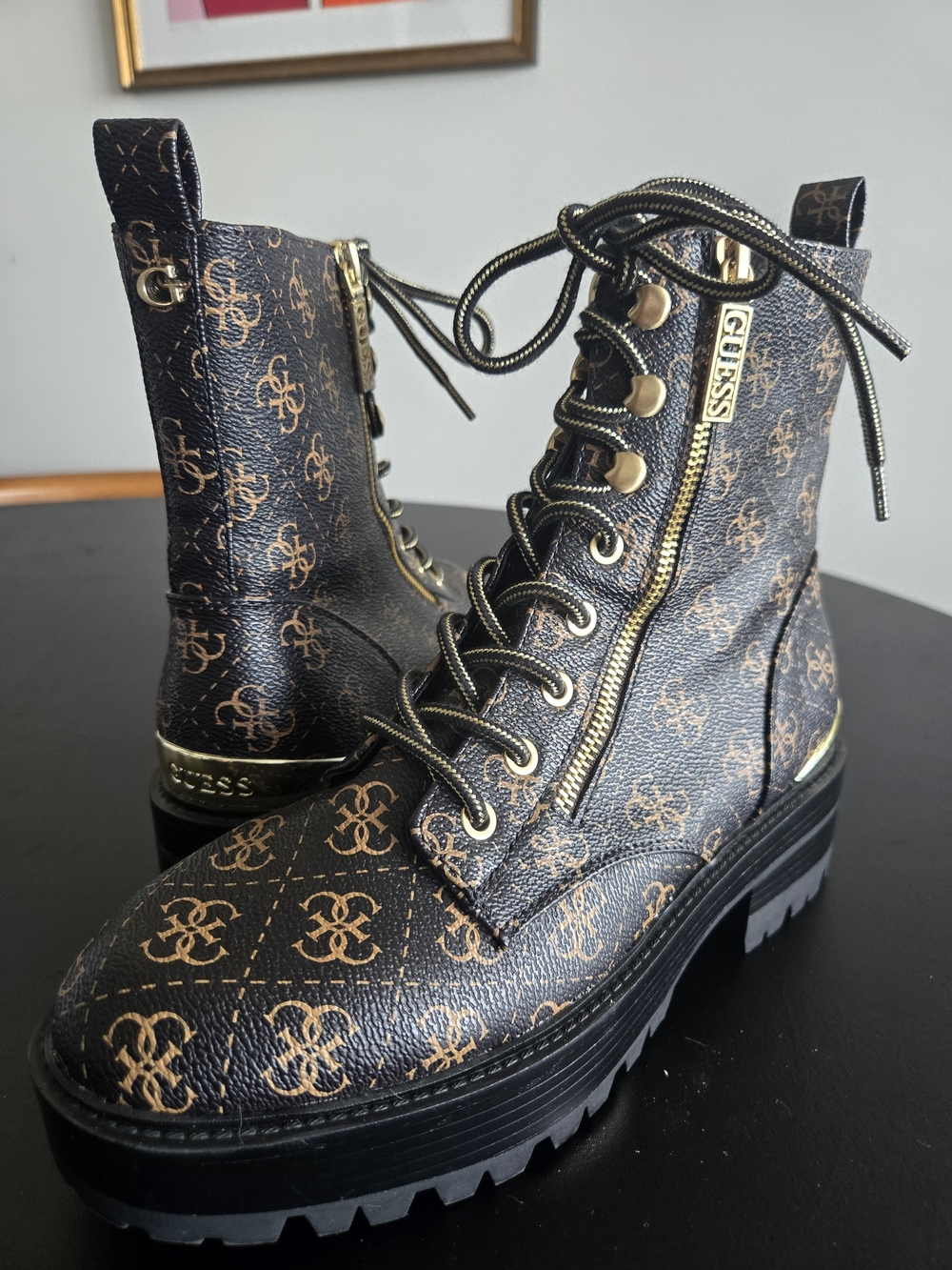 GUESS GWFearne Logo Combat Boots Brown Gold Size 9.5 NWOB